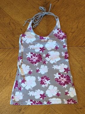 Y2K H&M Taupe Halter Tank Top with Pink & White Floral Print